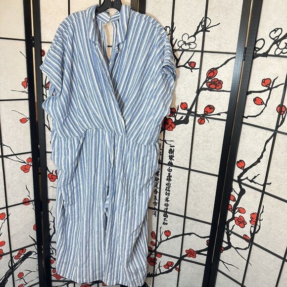 Eloquii Jumpsuit Blue White Striped Linen Blend Straight Leg Size 28 Collared - Picture 4 of 7